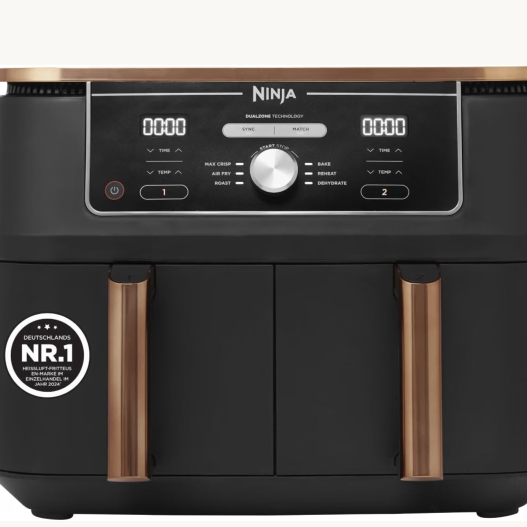 Ninja Foodi MAX Dual Zone Heißluftfritteuse, 9,5L Airfryer, 2 Fächer, mit Zange, Antihaftbeschichtung, spülmaschinenfeste Körbe, 6-in-1, Amazon Exklusiv, Kupfer/Schwarz, AF400EUCP 