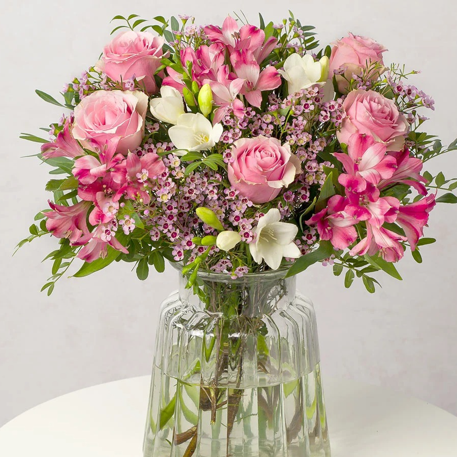 Bunches Pink Roses and Freesias