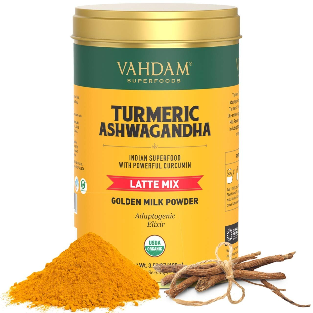 VAHDAM USDA Organic Turmeric Ashwagandha Latte (100 gm / 40 Cups) | Ashwagandha Herbal Tea for Immunity & Stress Relief | 3 Step Latte - No Equipment...