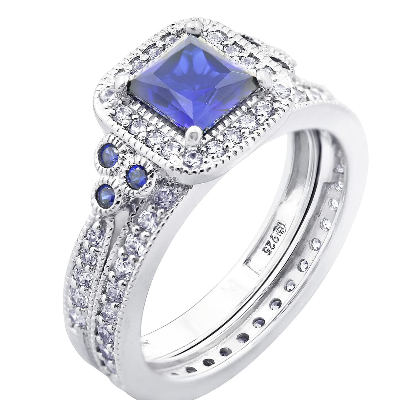 Amazon Collection Platinum-Plated Sterling Silver Princess-Cut Created Sapphire Vintage Ring Set made with Infinite Elements Cubic Zirconia, Size 8 : Amazon.co.uk: Jewellery