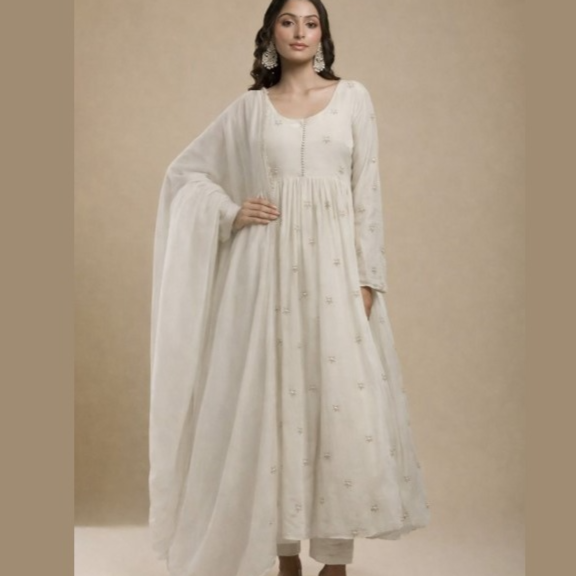 Off White Embroidered Silk Anarkali Set