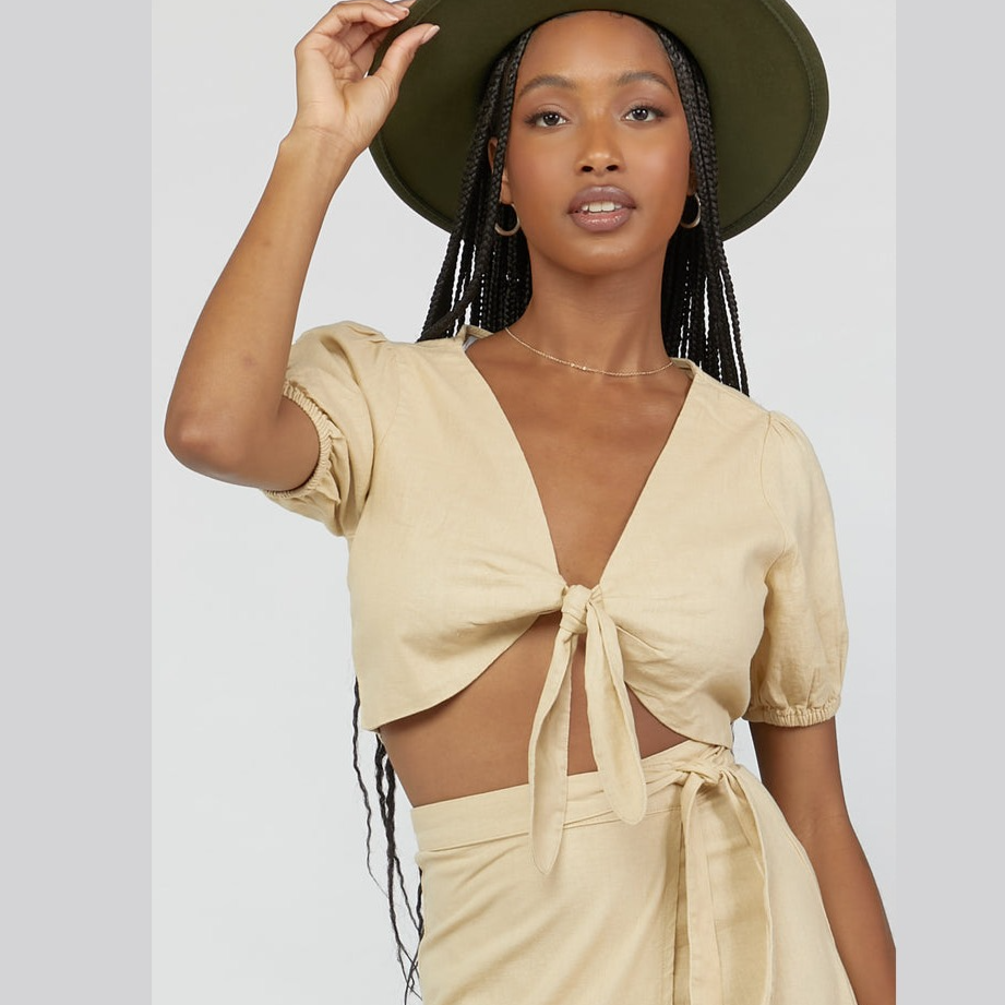 Front Tie Puff-Sleeve Crop Top