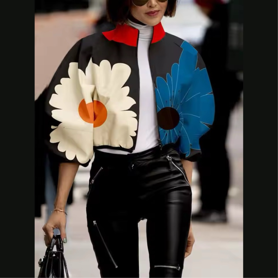 Floral Printed Short Jacket for Women Spring Summer Stylish Stand Collar Puff Sleeve Zippered Coat Casual Outerwear Image