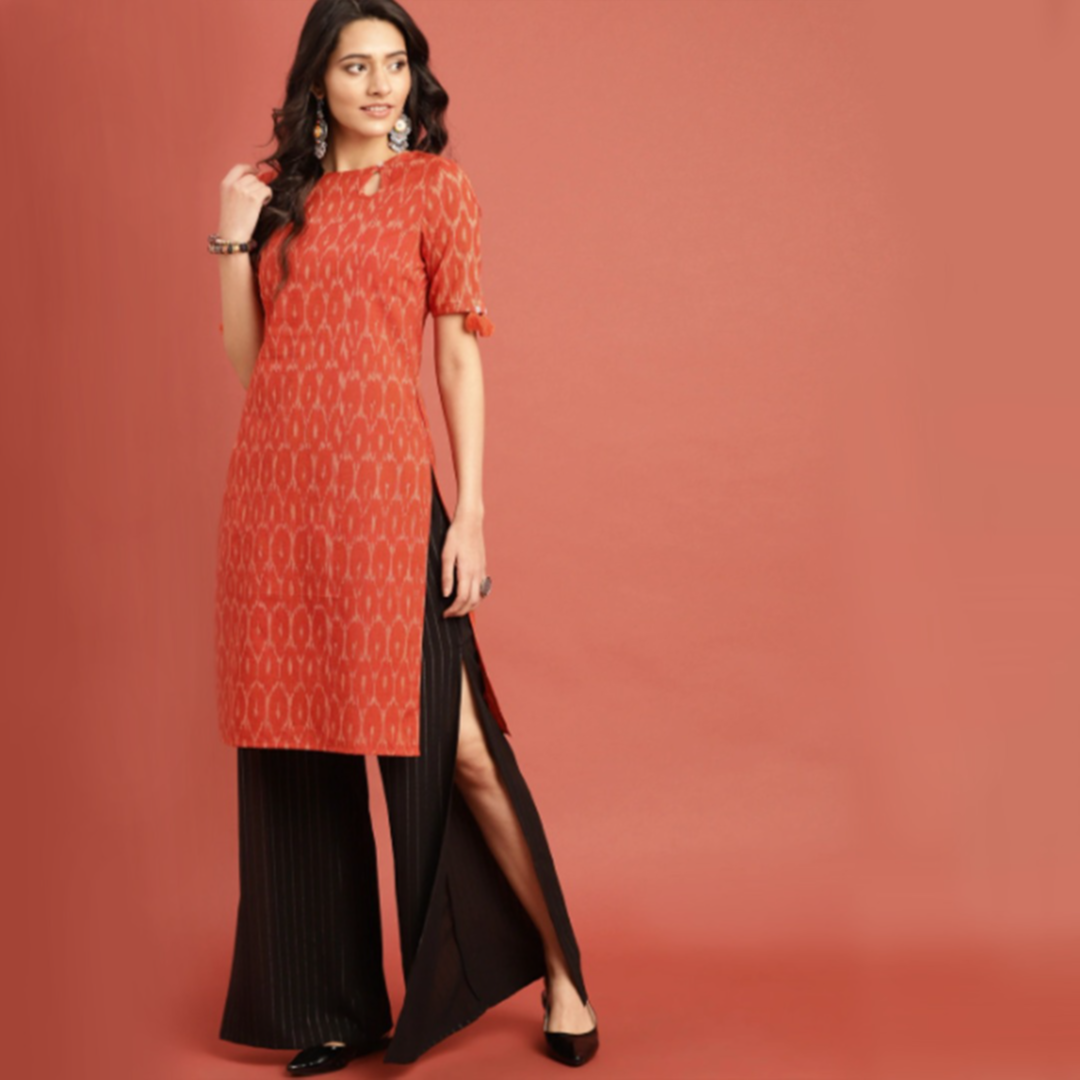 Women Orange Woven Design Ikat Straight Sustainable Kurta with Tassel Detai