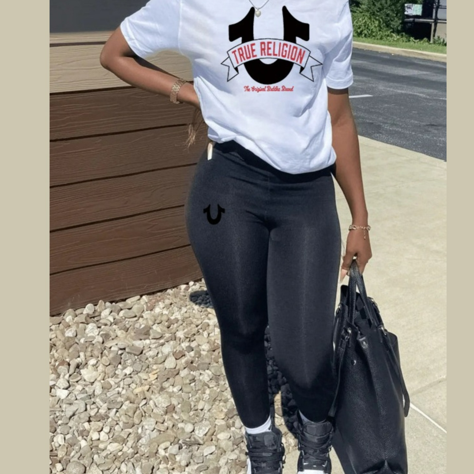 LW Casual Polyester Round Neck Pattern Letter Short Sleeve Black And White Two-piece Pants Set