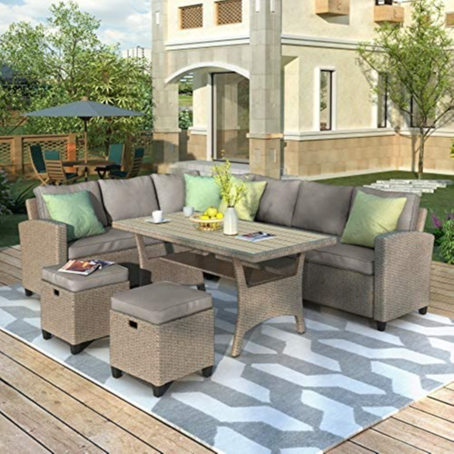 Amazon.com : COODENKEY Patio Furniture Set 5 Piece, Outdoor Conversation Sectional Sofa, All Weather Wicker Couch Dining Table Chair with Ottoman and Pillows, Beige : Patio, Lawn & Garden