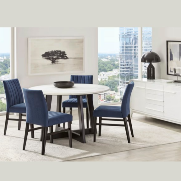 Jarvis White 5 Pc Round Dining Room With Blue Side Chairs