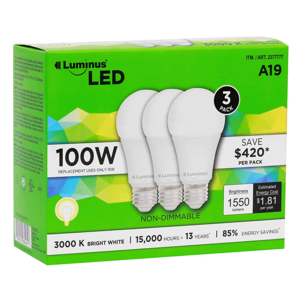 100 W Luminus Non-Dimmable LED Light Bulbs (Pack of 3) Energy Savings: 85%