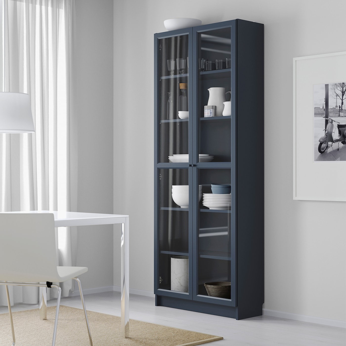 BILLY Bookcase with glass doors, dark blue, 31 1/2x11 3/4x79 1/2 "