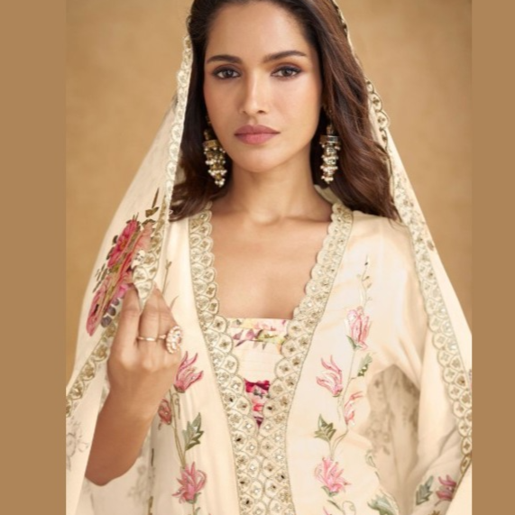 Off White Embroidered Chinon Sharara Set