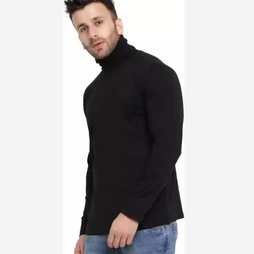 Solid Men High Neck Black T-Shirt