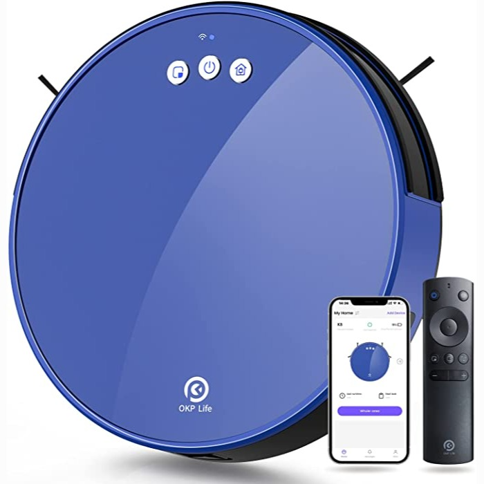 OKP K8 Robot Vacuum and Mop Combo, 2000Pa Super Suction, Integrated Design of Dust Box Water Tank, Self Charging, Quiet Cleaning for Pet Hair, Blue -