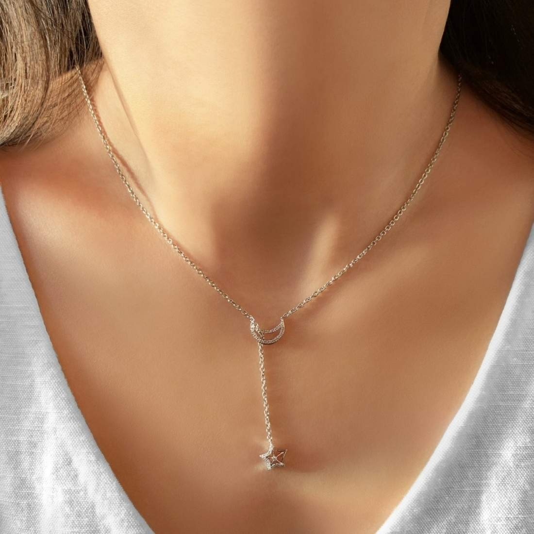 Star And Moon Diamond Necklace In Sterling Silver