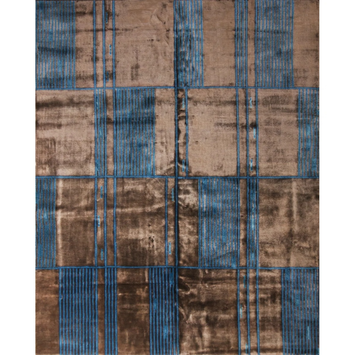 Rug & Kilim's Mid Century Modern Geometric Brown And Blue Wool And Silk Custom Rug
