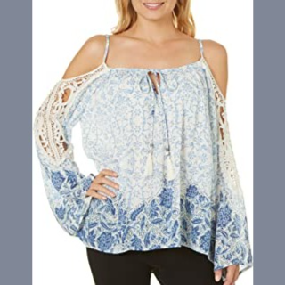 Amazon.co.uk : Angie Women's Long Sleeve Cold Shoulder Top with Crochet and Tie Front, White/Blue, Extra Large