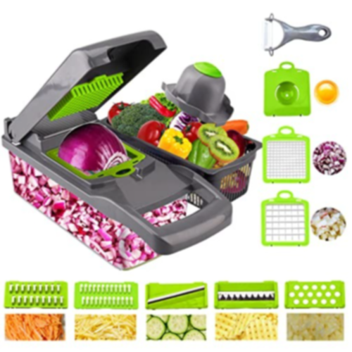 Multiple Vegetable Chopper Cheese Grater Durable Fruit Chopper Vegetable Slicer Cutter Dicer Ricer with 8 Blades for Salad Potato Carrot Garlic (grey)