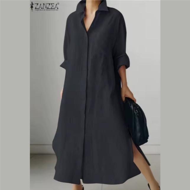 ZANZEA Women Dress Long Sleeve Solid Shirt Sundress Lapel Neck Buttons Vestidos Fashion Loose Maxi Dresses Vintage Robe Femme Image