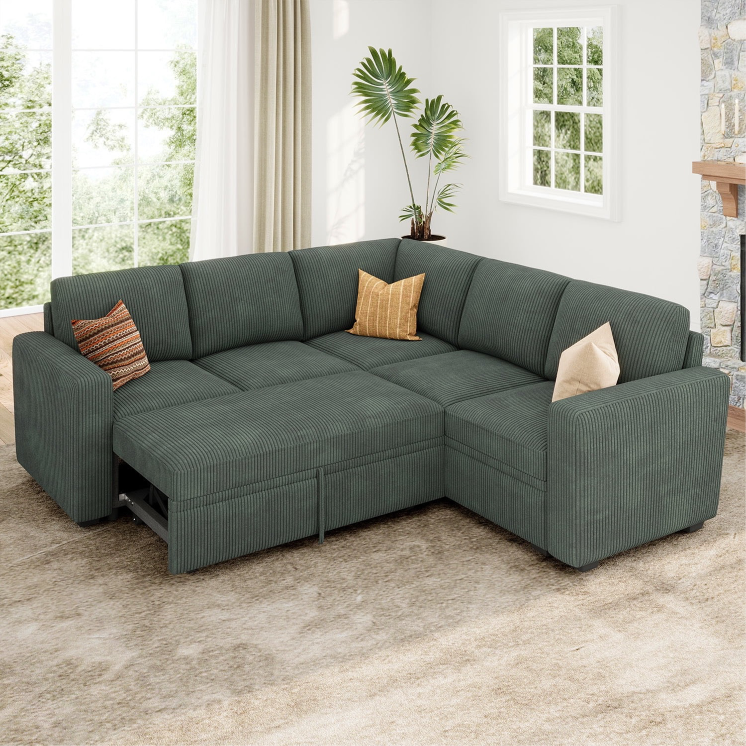 HONBAY 83.4” Modular L-Shaped Corduroy Sectional Sleeper Sofa with Pull-Out Bed and Storage for Living Room, Green