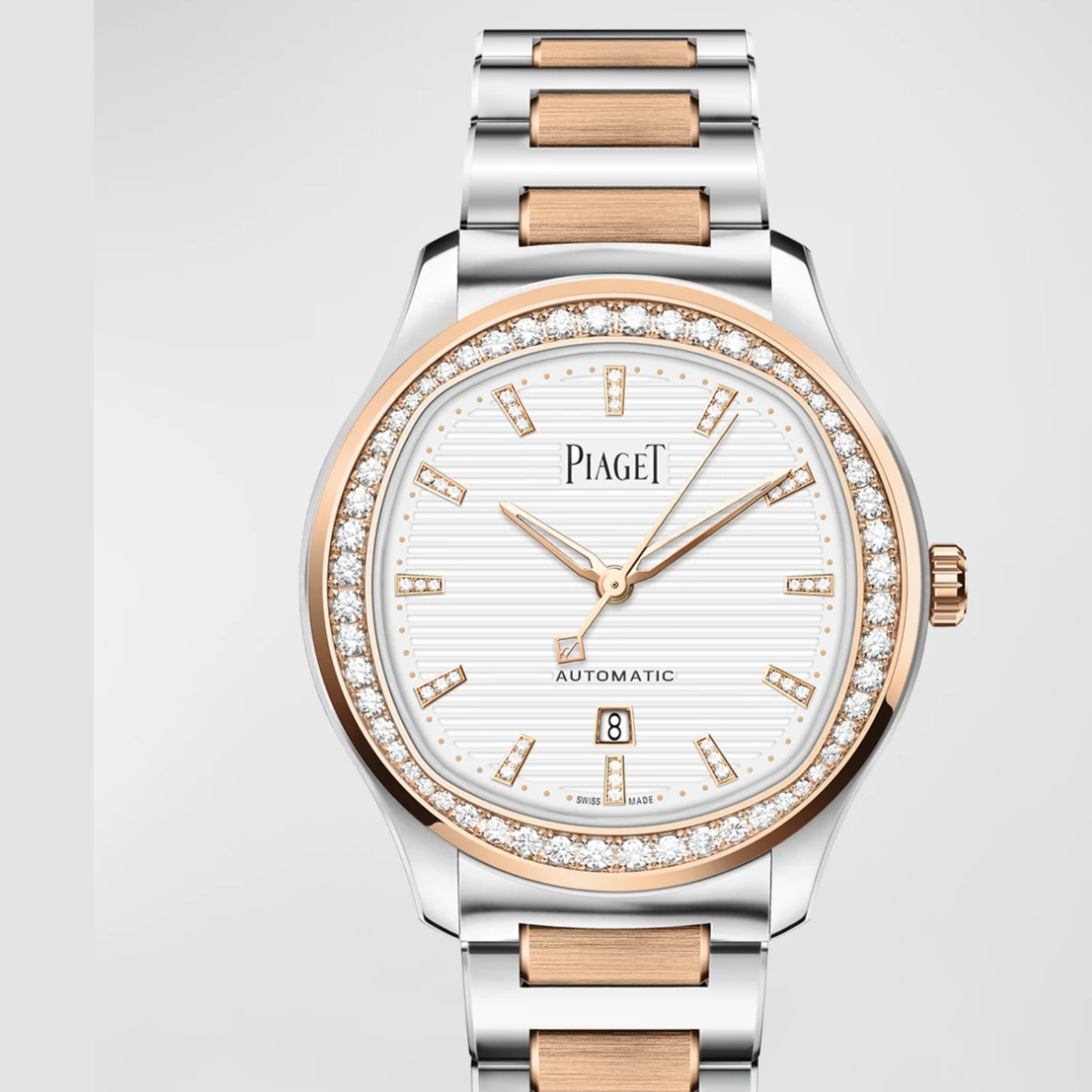 PIAGET Polo Date 36mm Steel & 18K Rose Gold Diamond Bezel Watch