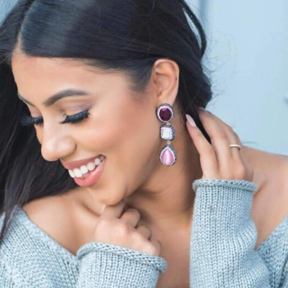 Triple Gemstone Drop Earrings