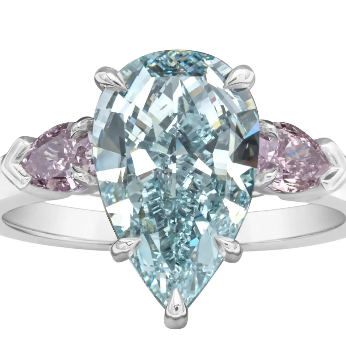 GIA Certified 3.68 Carats Pear Shape Blue Diamond Three-Stone Engagement Ring