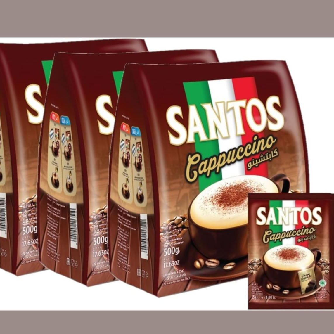 Santos Cappuccino - 3x 20 sachets @25g (Total 60 sachets) - Premix Instant Coffee - with Choco Granule