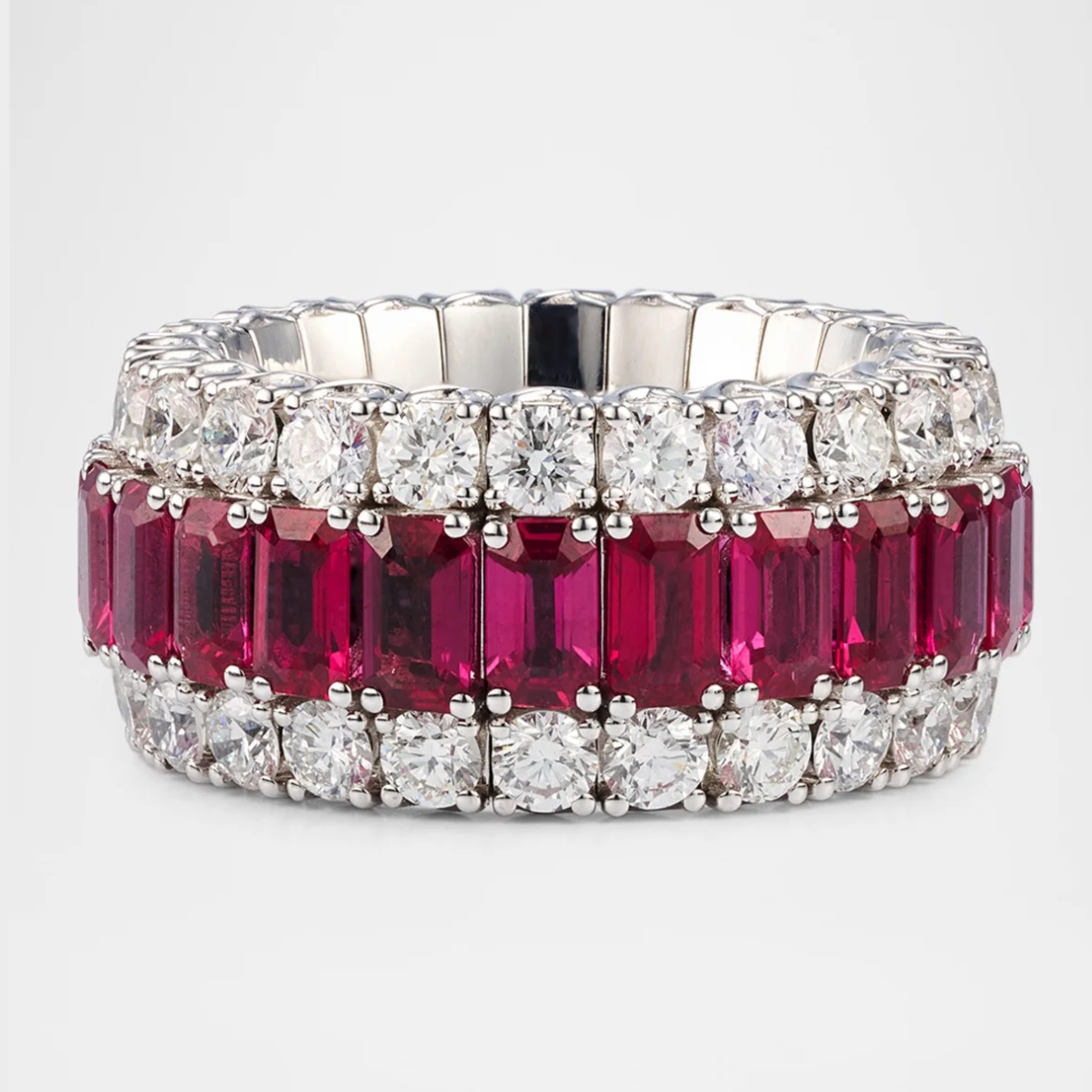 Picchiotti 18K White Gold Xpandable Emerald-Cut Ruby and Round Diamond F-G Ring